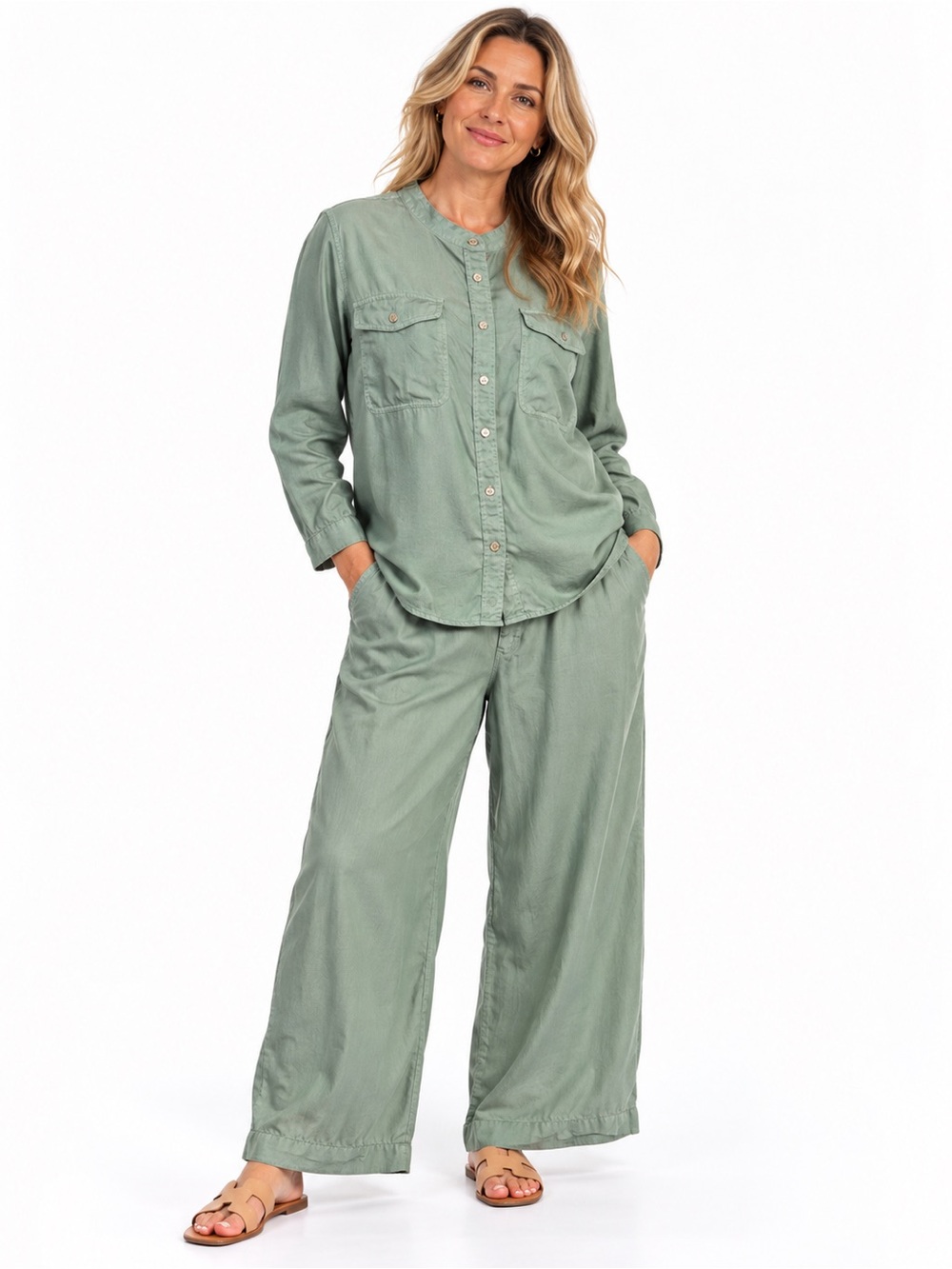 Lands’ End Sage Lyocell Utility Lagenlook Wide Leg Pants Set Shirt L Pants 18P